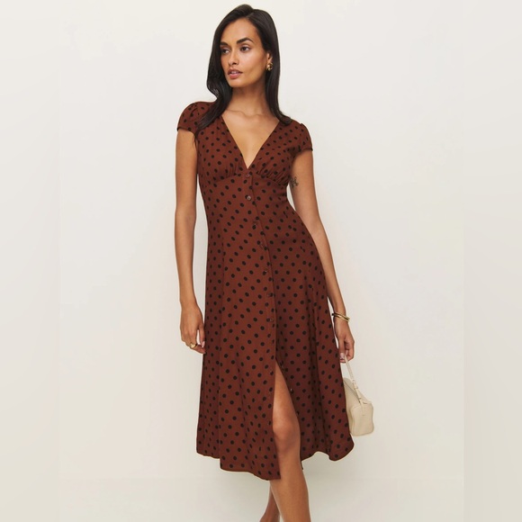 Reformation Dresses & Skirts - Reformation Brown Polka Dot Midi Dress with Black Spots